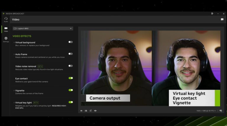 NVIDIA Broadcast adiciona recursos de microfone e iluminação com inteligência artificial.