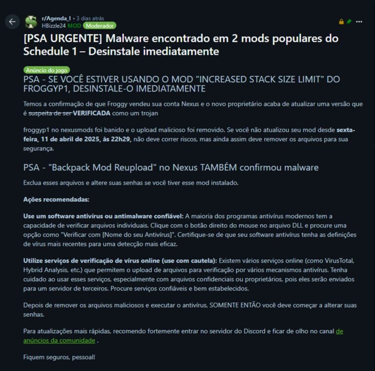 Cuidado! Mods populares de Schedule I contêm malware tipo cavalo de Troia.
