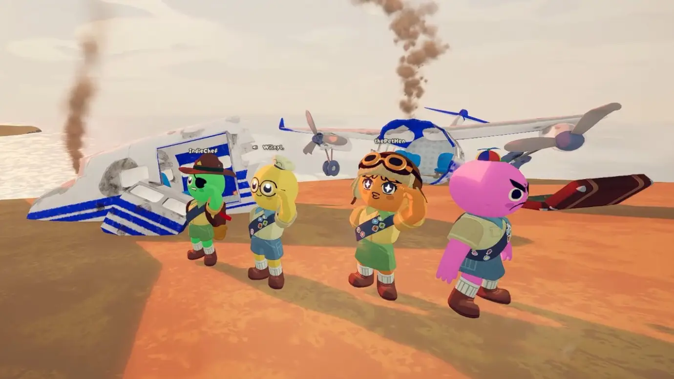 Jogadores em Peak diante dos destroços de um avião.