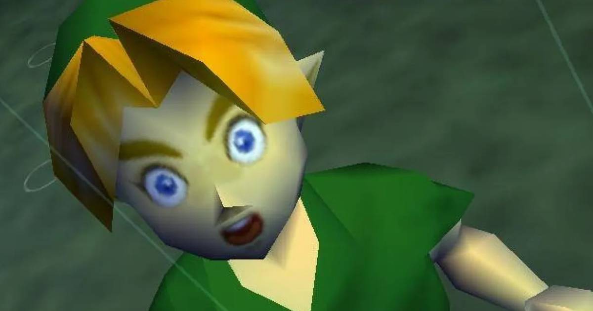 Link, personagem de Zelda Ocarina of Time, surpreso